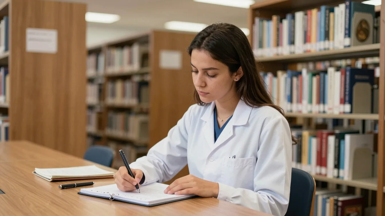 Estudante de enfermagem anotando em caderno em biblioteca universitária brasileira, luz ambiente realista, plano médio,