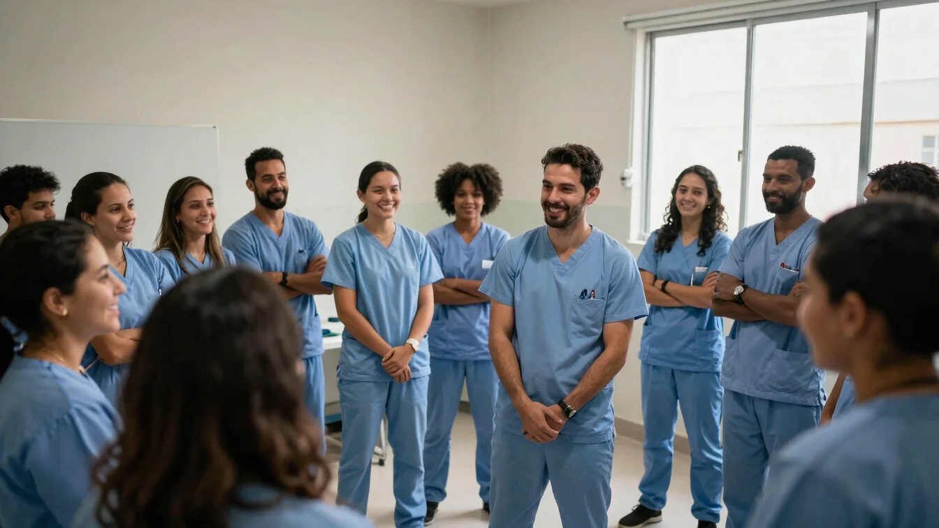 Equipe de enfermagem sorrindo durante pausa entre atendimentos em copa de unidade de saúde, luz natural, plano documenta