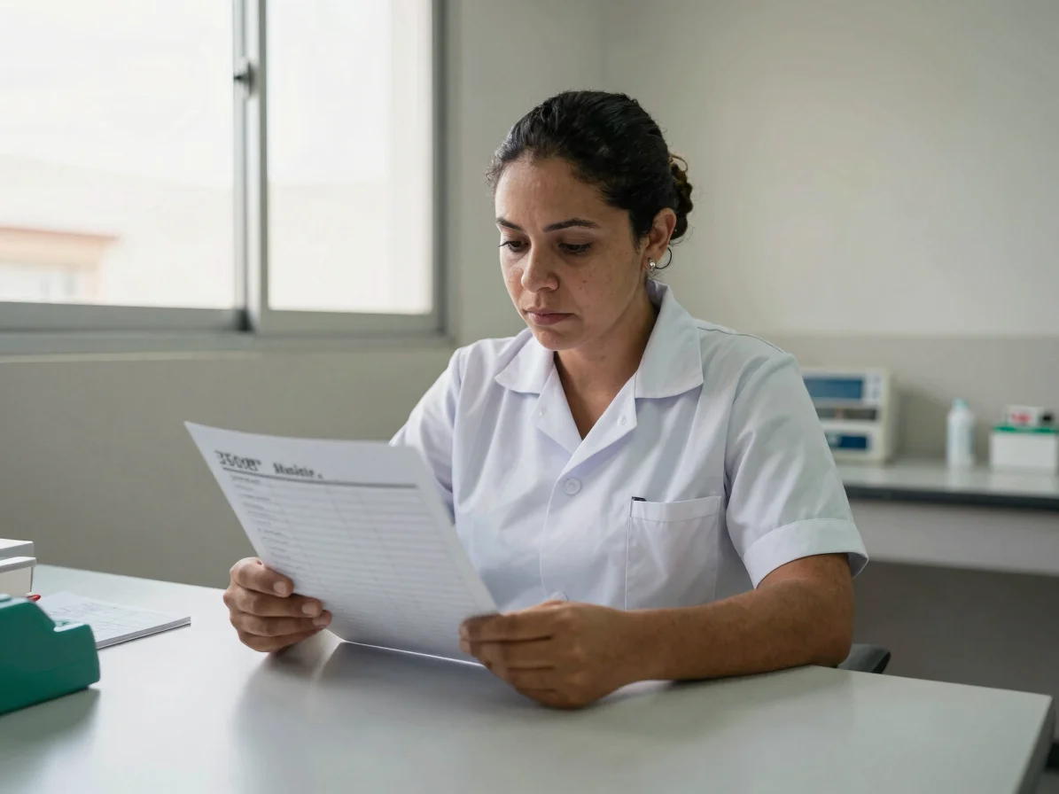 Editorial documentary photograph of a Brazilian nurse reviewing a