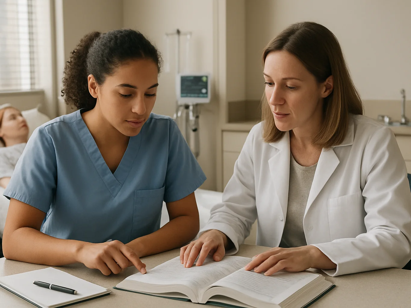 Editorial documentary photograph of a nursing student and an inst