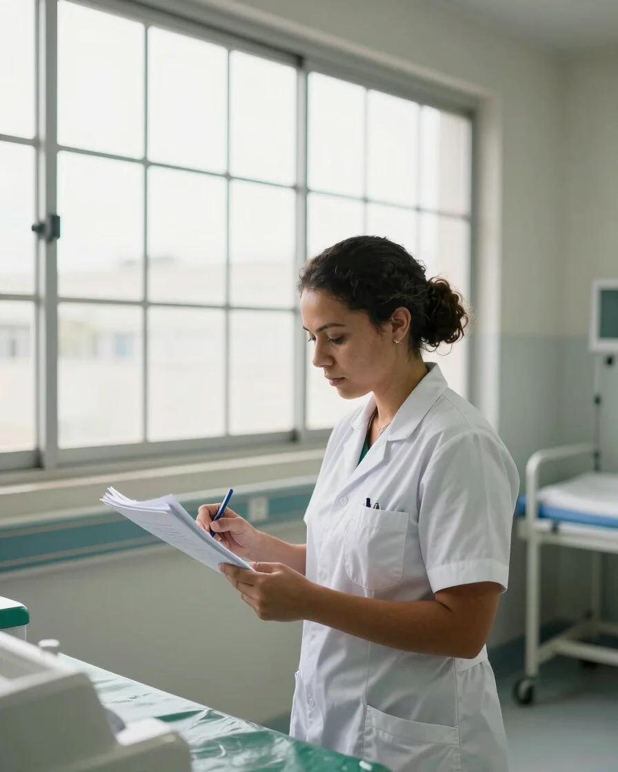 Enfermeira brasileira em corredor de hospital público de cidade m